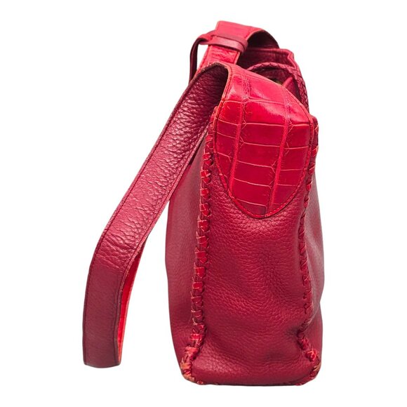 Brighton Dark Red Pebbled Leather Shoulder Handbag Whipstitch Trim Croc Strap - Picture 8 of 16